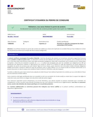 Résultat permis de conduire